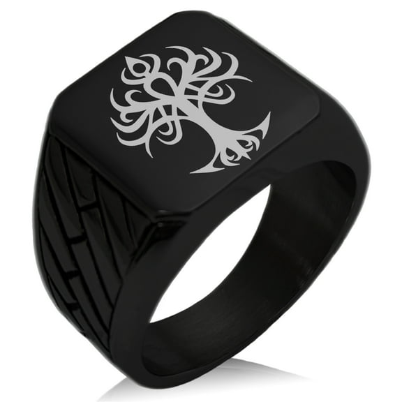 Stainless Steel Tribal Tree of Life Geometric Pattern Biker Style Polished Ring