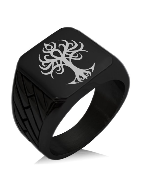 Stainless Steel Tribal Tree of Life Geometric Pattern Biker Style Polished Ring