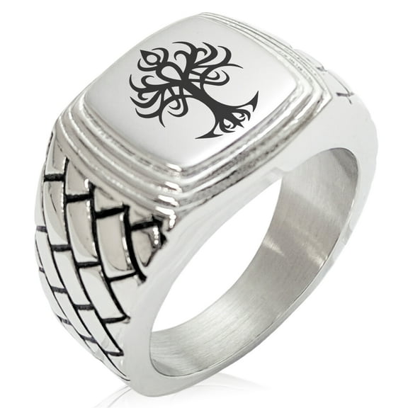 Stainless Steel Tribal Tree of Life Geometric Pattern Step-Down Biker Style Polished Ring
