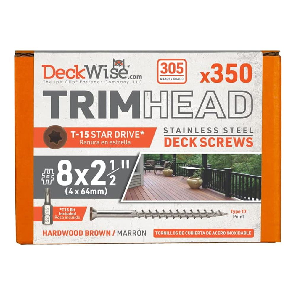 stainless steel trimhead deck screws, hardwood brown, t15 head, covers