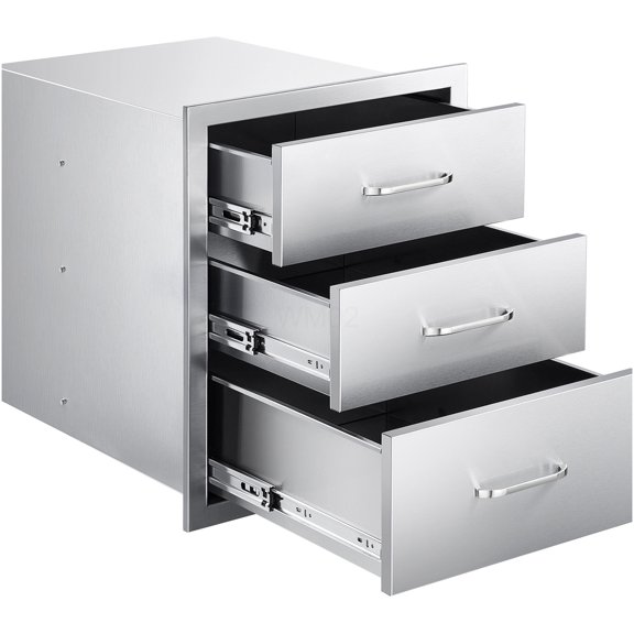 Stainless Steel Triple Compartment BBQ Drawer 18.11W x 23.23D x 23.23H for Outdoor Grill Station Patio Use