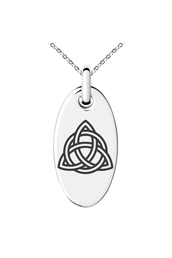Stainless Steel Triquetra Holy Trinity Symbol Engraved Small Oval Charm Pendant Necklace