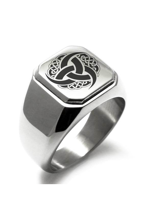 Stainless Steel Triskelion Odin's Horn Knot Viking Engraved Square Flat Top Biker Style Polished Signet Ring