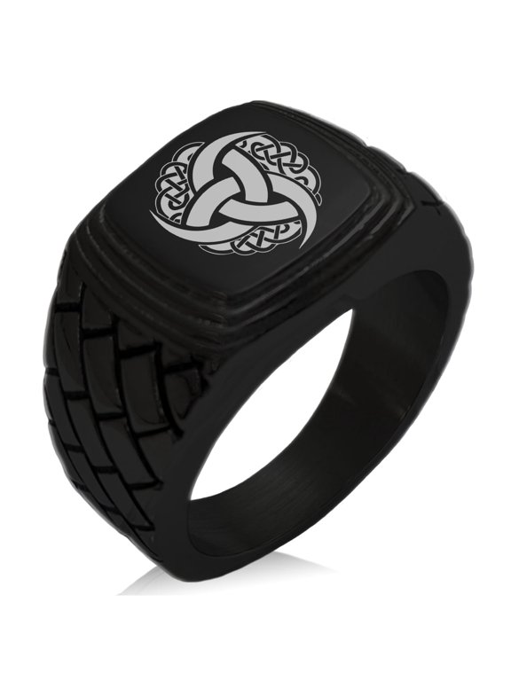 Stainless Steel Triskelion Odin's Horn Knot Viking Geometric Pattern Step-Down Biker Style Polished Ring