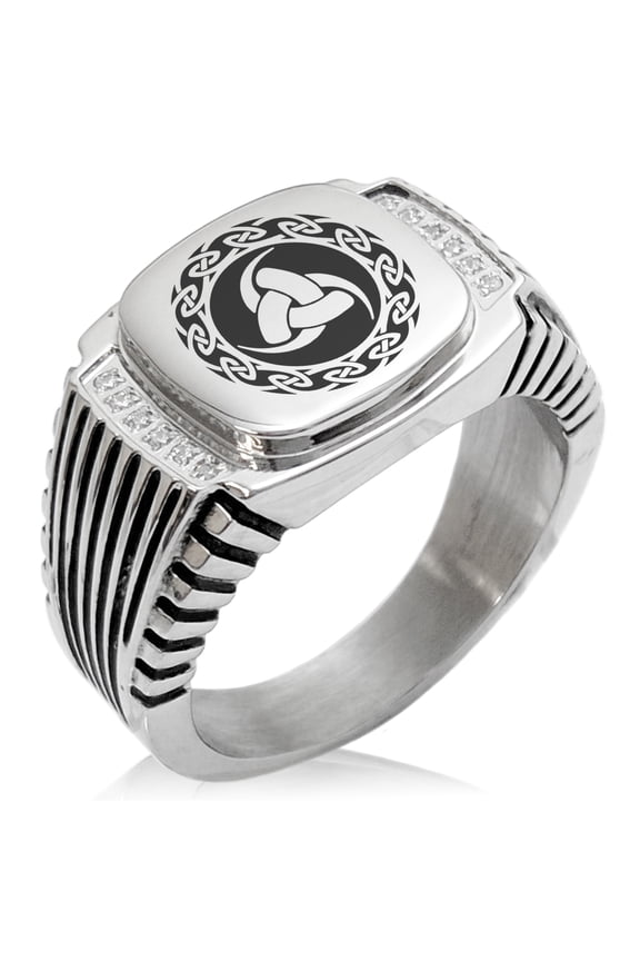 Stainless Steel Triskelion Triple Horn of Odin Viking CZ Ribbed Needle Stripe Pattern Biker Style Polished Ring