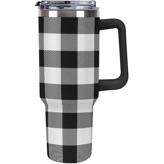 Stainless Steel Tumbler 40oz, Black Grey Buffalo Plaid Leakproof Tumblers Insulated Water Bottle with Straw And Lid, Car Coffee Cups Travel Mug Universal Fits for Water, Iced Tea Or Coffee