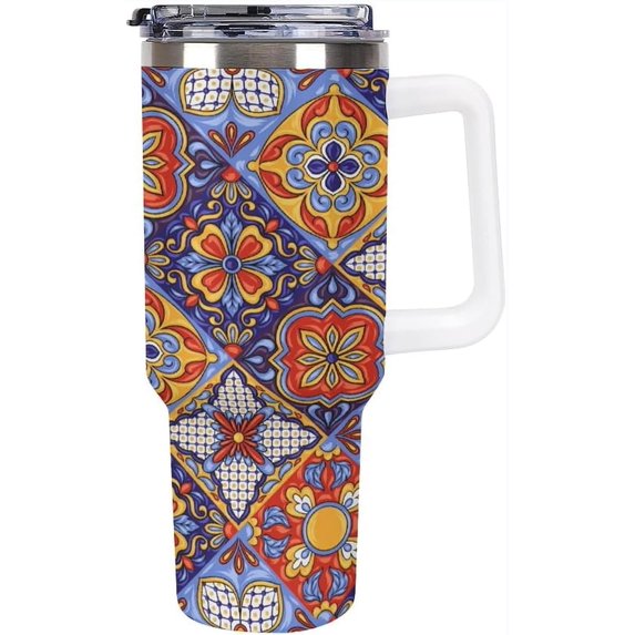 Stainless Steel Tumbler 40oz, Mexican Talavera Tile Mandala Leakproof Tumblers Insulated Water Bottle with Straw And Lid, Car Coffee Cups Travel Mug Universal Fits for Water, Iced Tea Or Coffee