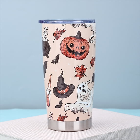 Stainless Steel Tumbler, Halloween Coffee Mug, Double Wall Tumbler, Insulated Iced Coffee Cup, Reusable Drink Vessel with Classic Jack-O-Lantern, Ghost, Bat and Witch Hat Prints