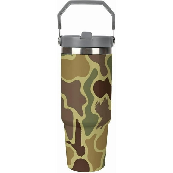 Stainless Steel Tumbler with Lid And Straw 30 Oz Top Handle Duck Hunting Camo Leakproof Vacuum Insulated Water Bottle for Car Travel