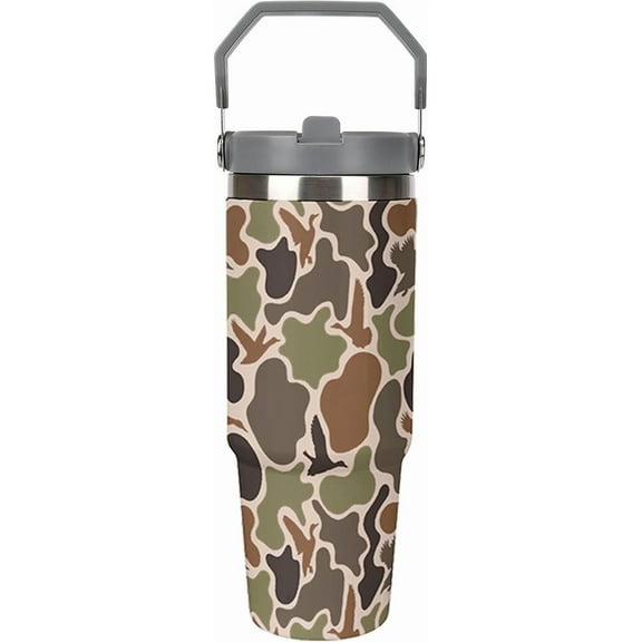 Stainless Steel Tumbler with Lid And Straw 30 Oz Top Handle Duck Hunting Camo Leakproof Vacuum Insulated Water Bottle for Car Travel