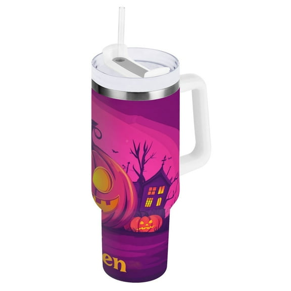 Stainless Steel Tumbler with Straw and Handle, Double Wall Insulated Tumblers, A Cartoon Halloween Pumpkin