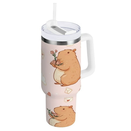 Stainless Steel Tumbler with Straw and Handle, Double Wall Insulated Tumblers, Adorable Capybaras in Love