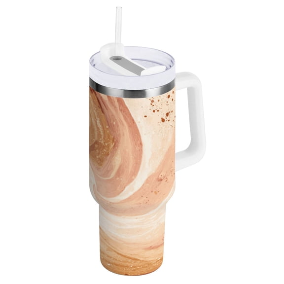 Stainless Steel Tumbler with Straw and Handle, Double Wall Insulated Tumblers, Brown and Peach Swirling