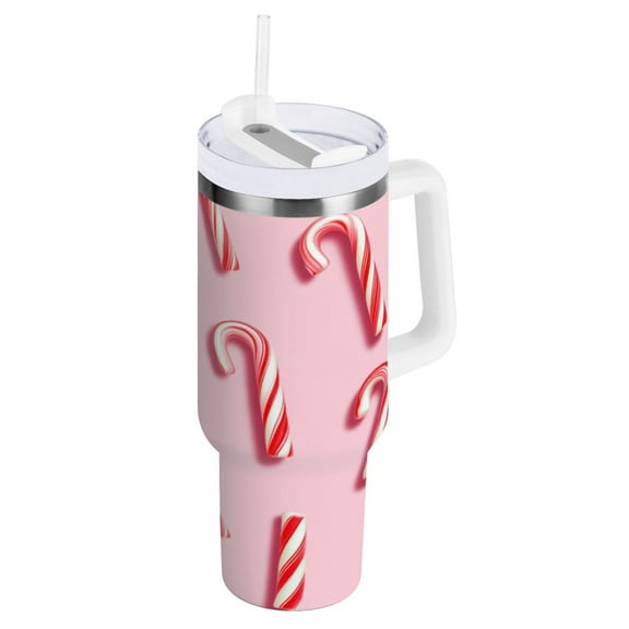 Stainless Steel Tumbler with Straw and Handle, Double Wall Insulated Tumblers Candy Cane Stripes