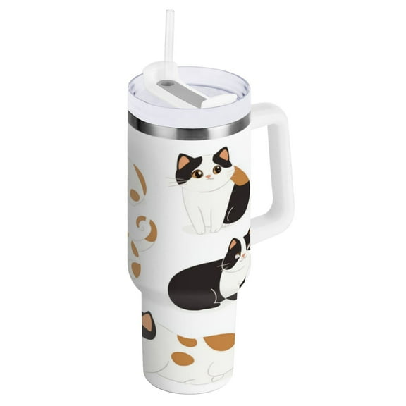 Stainless Steel Tumbler with Straw and Handle, Double Wall Insulated Tumblers, Chubby Cats