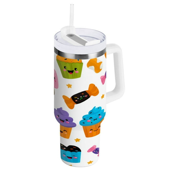 Stainless Steel Tumbler with Straw and Handle, Double Wall Insulated Tumblers, Halloween Cupcakes