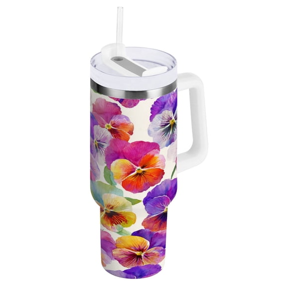 Stainless Steel Tumbler with Straw and Handle, Double Wall Insulated Tumblers, Pansy Pattern