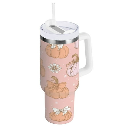 Stainless Steel Tumbler with Straw and Handle, Double Wall Insulated Tumblers, Pumpkins Adorned in Bows