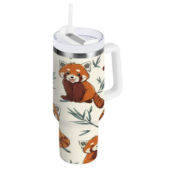 Stainless Steel Tumbler with Straw and Handle, Double Wall Insulated Tumblers, Red Panda Pattern