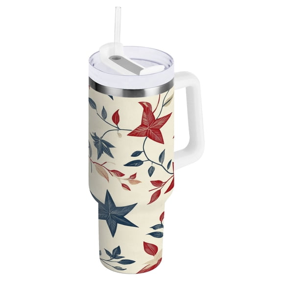 Stainless Steel Tumbler with Straw and Handle, Double Wall Insulated Tumblers, Red and Blue Leafy Designs