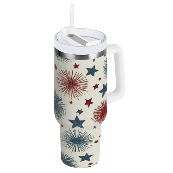 Stainless Steel Tumbler with Straw and Handle, Double Wall Insulated Tumblers, Stars and Fireworks
