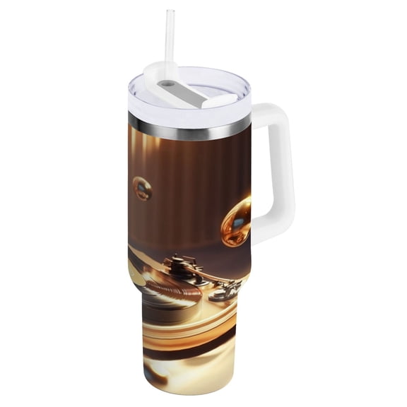 Stainless Steel Tumbler with Straw and Handle, Double Wall Insulated Tumblers, Vinyl Record Player Pattern