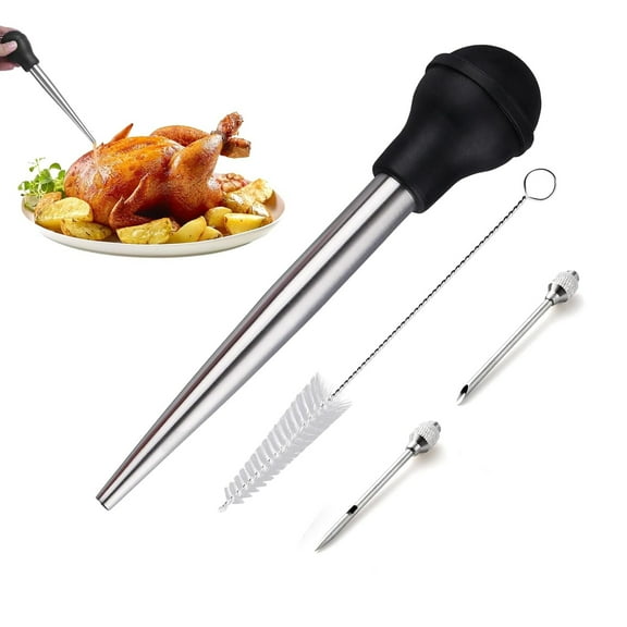 Stainless Steel Turkey Baster, 2 Marinade Injector Bulbs &Cleaning Brush for Home Baking Kitchen Tool,Large Capacity Roasting/Basting Tool for Turkey, Chicken & Grilling