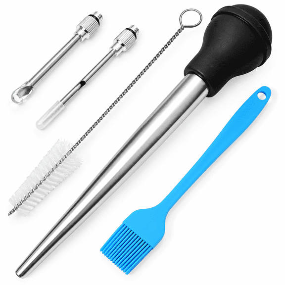 Stainless Steel Turkey Baster with Cleaning Brush & Needle, Black Meat Injector Set for Home Baking Kitchen Tool Cooking, Flavor Meat Poultry, Beef, Chicken