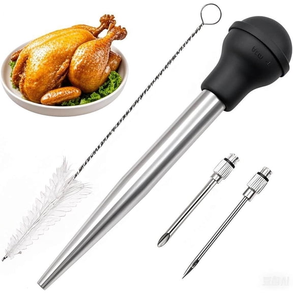 Stainless Steel Turkey Baster for Cooking - Food Grade Metal Baster Syringe & Silicone Suction Bulb - Large Size With 2 Detachable Needles and Cleaning Brush