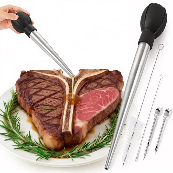 Stainless Steel Turkey Baster for Cooking Kitchen Baster Syringe for Hot Liquid Food Grade Large Size with 2 Needles 2 Cleaning Brushes Thanksgiving Christmas Essential Tool