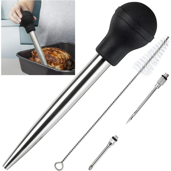 Stainless Steel Turkey Baster,Large Turkey Baster with 2 Marinade Injector Needles and Brush for Easy Clean Up