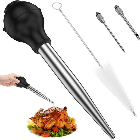 Stainless Steel Turkey Baster Set, Commerical Grade Quality Baster Syringe with Needle and Brush, Meat and Food Injector for Thanksgiving Kitchen Cooking