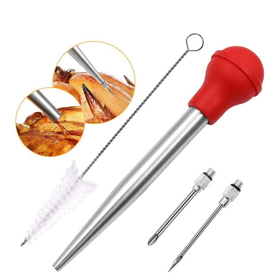 Stainless Steel Turkey Baster Set with Syringe Needle and Cleaning Brush Professional Meat Marinade Injector for Grilling Roasting and Smoking Food Red