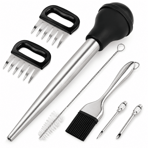 Stainless Steel Turkey Baster Set with Meat Shredder Claws and Flavor Injectors