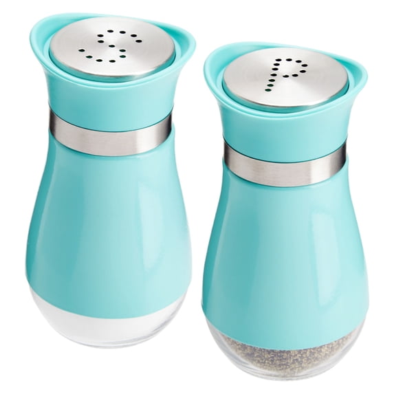 Stainless Steel Turquoise Salt and Pepper Shakers with Transparent Glass Bottoms and Perforated "S" and "P" Screw-Off Caps (4oz)