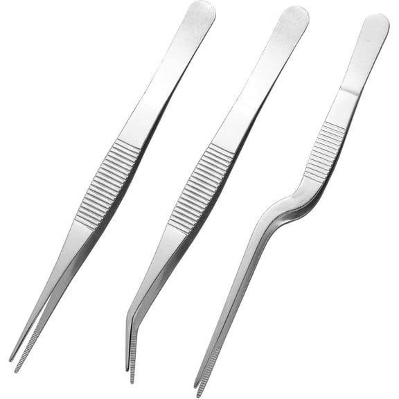 Stainless Steel Tweezers Set for Small Gardening and Kitchen, Multi-Purpose Tools Silver Tweezers (3Pcs, 6.22Inches / 6.33Inches / 6.4Inches)