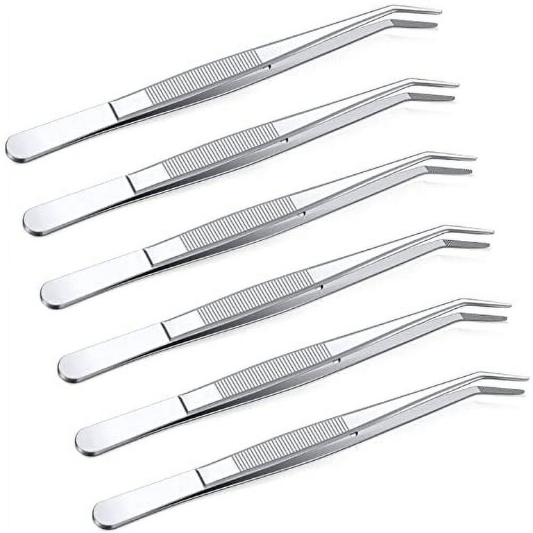Stainless Steel Tweezers with Curved Serrated Tip Multipurpose Tweezers  Sewing Machine Tweezers Forceps Tweezers for Craft (Silver, 6 Pieces)