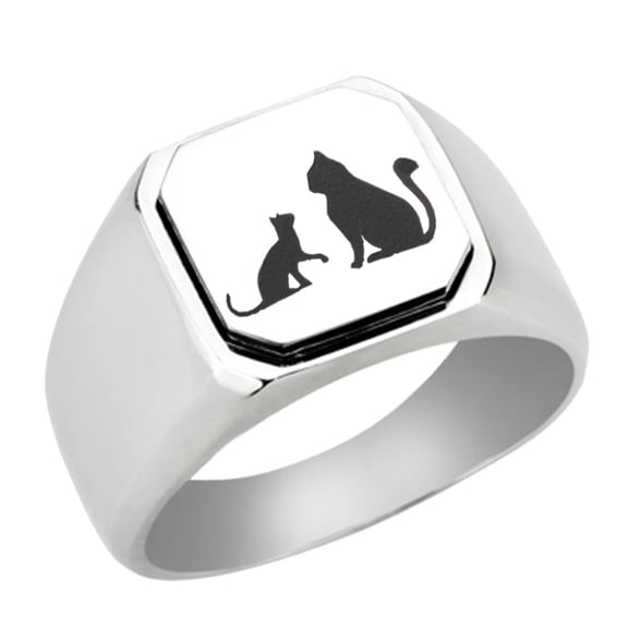 Stainless Steel Two Cats Engraved Signet Ring