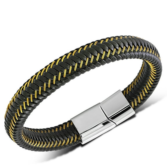 Stainless Steel Two-Tone Black Braided Leather Mens Cuff Bracelet, 8.5"
