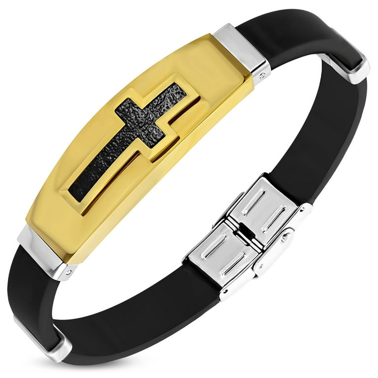 Stainless Steel Two-Tone Black Rubber Religious Cross Mens