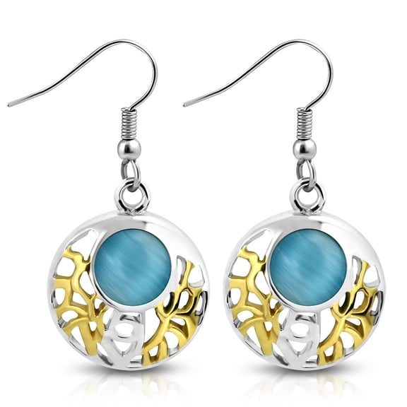 Stainless Steel Two-Tone Blue Simulated Gemstone Drop Dangle Earrings, 1.45"
