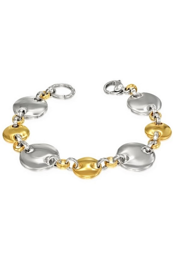 Stainless Steel Two-Tone Circle Round Link Chain Womens Bracelet