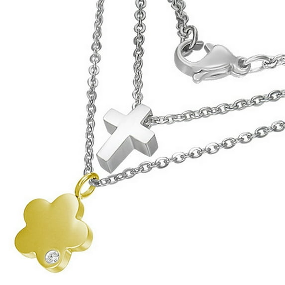 Stainless Steel Two-Tone Double Chain Cross Flower Pendant Necklace
