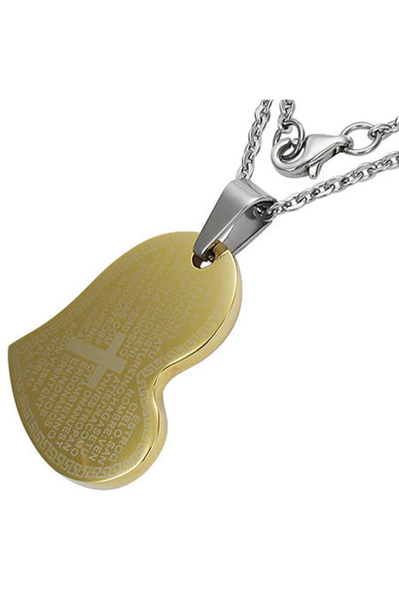 Stainless Steel Two-Tone Greek Key Lords Prayer Love Heart Chastity Necklace