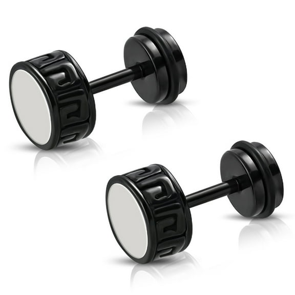 Stainless Steel Two-Tone Illusion Ancient Greek Key Round Circle Faux Fake Cheater Ear Plugs Gauge, Pair