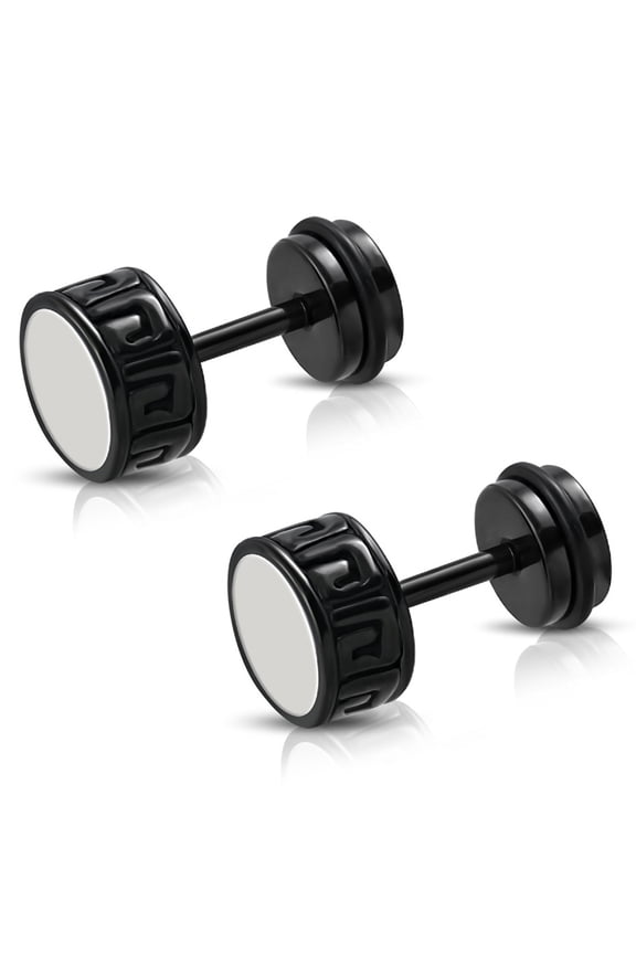 Stainless Steel Two-Tone Illusion Ancient Greek Key Round Circle Faux Fake Cheater Ear Plugs Gauge, Pair