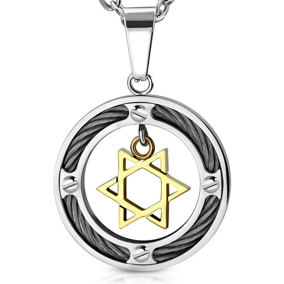 Stainless Steel Two-Tone Jewish Star of David Mens Pendant Necklace, 22"