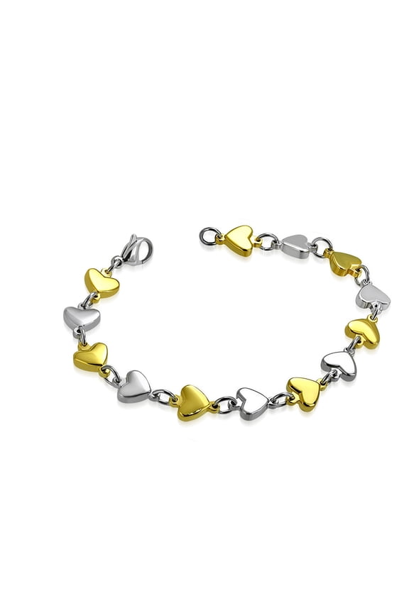 Stainless Steel Two-Tone Love Heart Link Chain Bracelet, 8"
