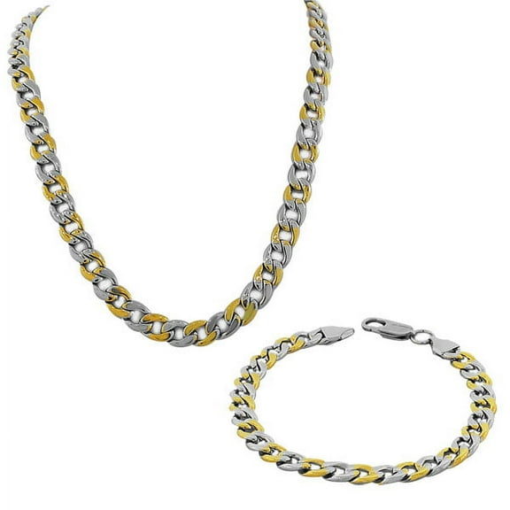 Stainless Steel Two-Tone Mens Classic Cuban Link Chain Necklace Bracelet Set