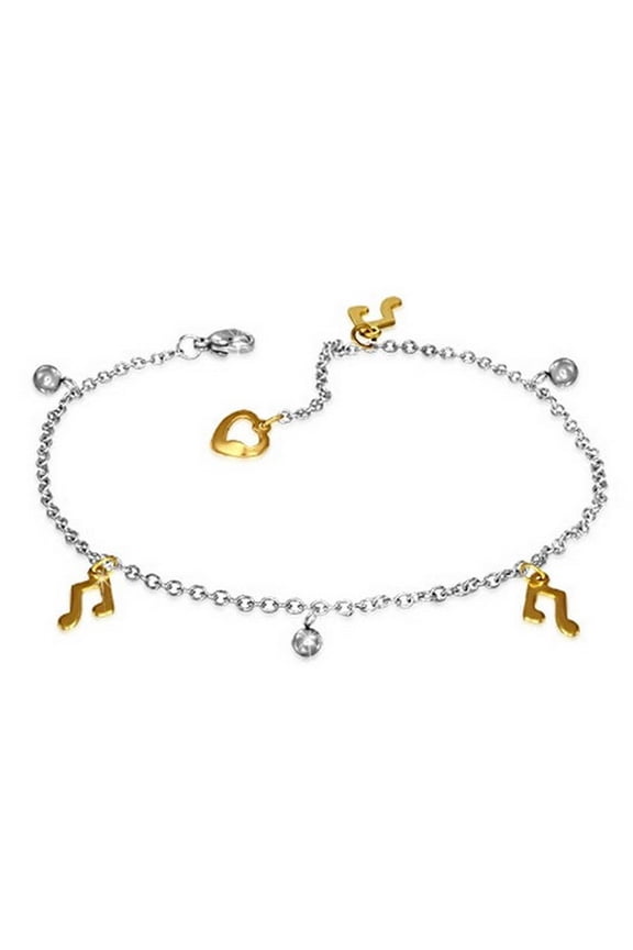 Stainless Steel Two-Tone Music Musical Clef Notes Adjustable Anklet Bracelet